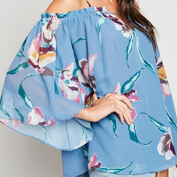 Blue Floral Off The Shoulder Top - Picture 2 of 3